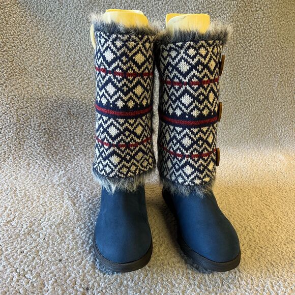 Muk Luks  Mid-Calf Boots Womens 7 Blue Fair Isle Reversible Sleeves To Fur - Picture 2 of 16